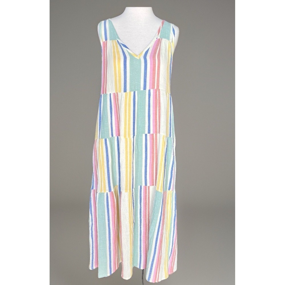 Marine Layer Womens S rainbow Striped Tiered Maxi Dress Cotton boho  resortwear